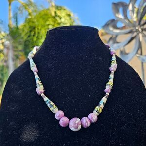 Vintage Peruvian Hand painted Ceramic Bead Necklace with Cactus and Llamas